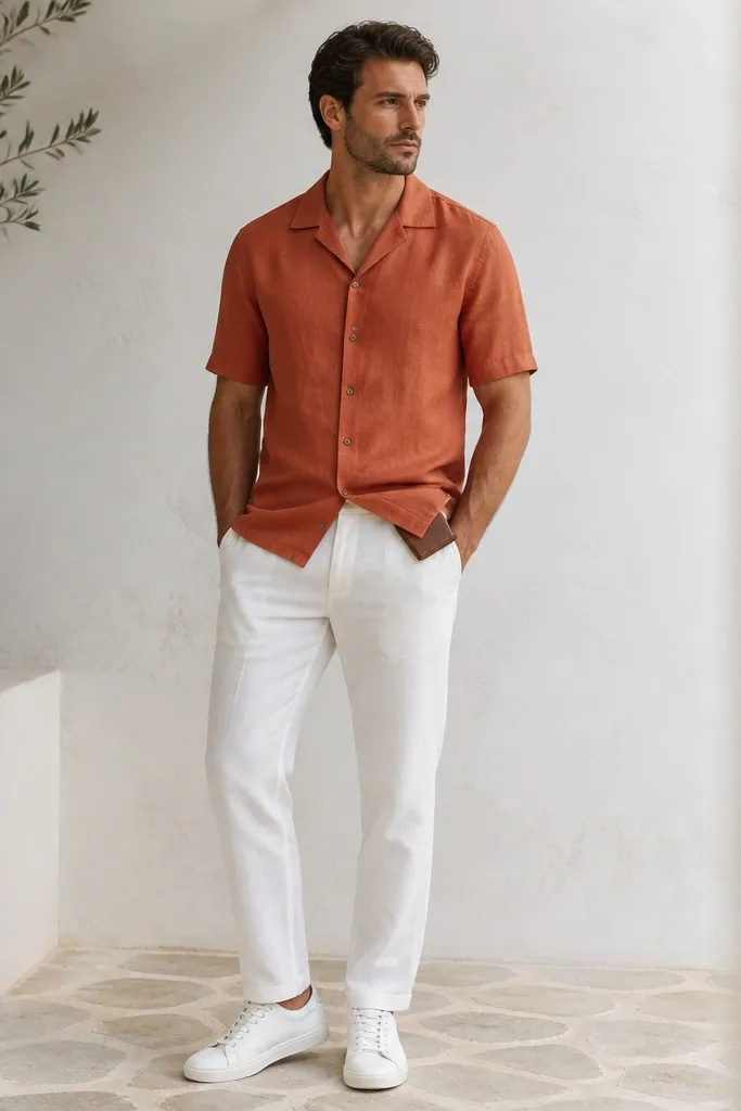 Rust-orange short-sleeve camp collar shirt sits over white linen pants. The collar is open and the shirt is slightly relaxed at the waist. White low-top sneakers are worn, and a small leather cardholder is tucked into the pants pocket.