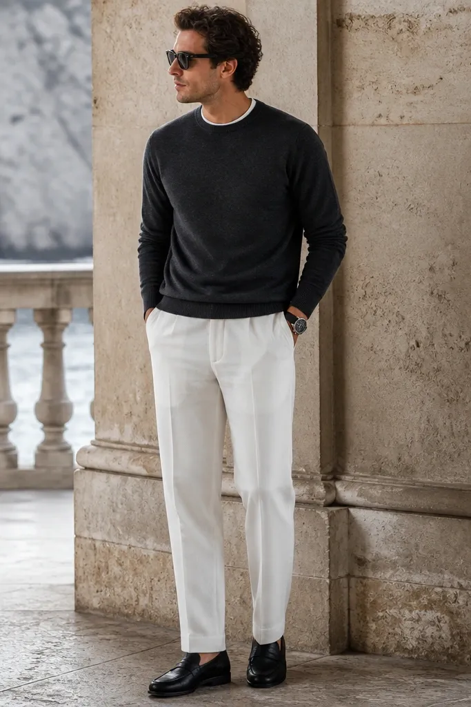 A thin charcoal crewneck sweater is worn over a white undershirt at the neckline. White linen pants sit with a crisp crease and fall straight to black leather loafers. The overall look is clean and slightly dressy, with a black watch and dark sunglasses.