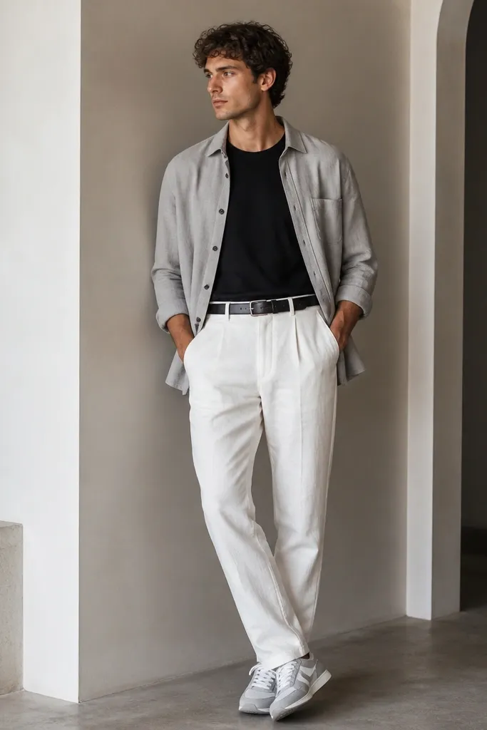 Black crew-neck t-shirt is tucked into white linen pants. A light gray overshirt is worn open, with sleeves rolled. The shoes are gray-and-white sneakers, and there's a black leather belt at the waist.