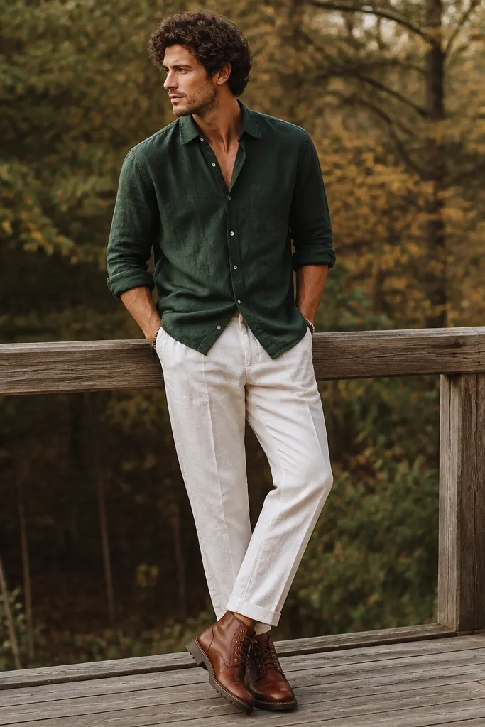 A forest green button-down is half-tucked into white linen pants. The man wears cognac leather boots with a slightly rugged sole. The shirt sleeves are rolled and the outfit looks autumn-casual rather than beachy.