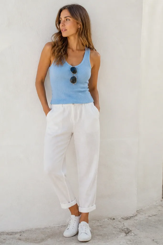 A sky blue ribbed tank top is worn with white linen pants. The pants have a relaxed fit through the thigh and a cuffed hem. White canvas sneakers finish the look, and a pair of sunglasses hangs from the shirt collar area.