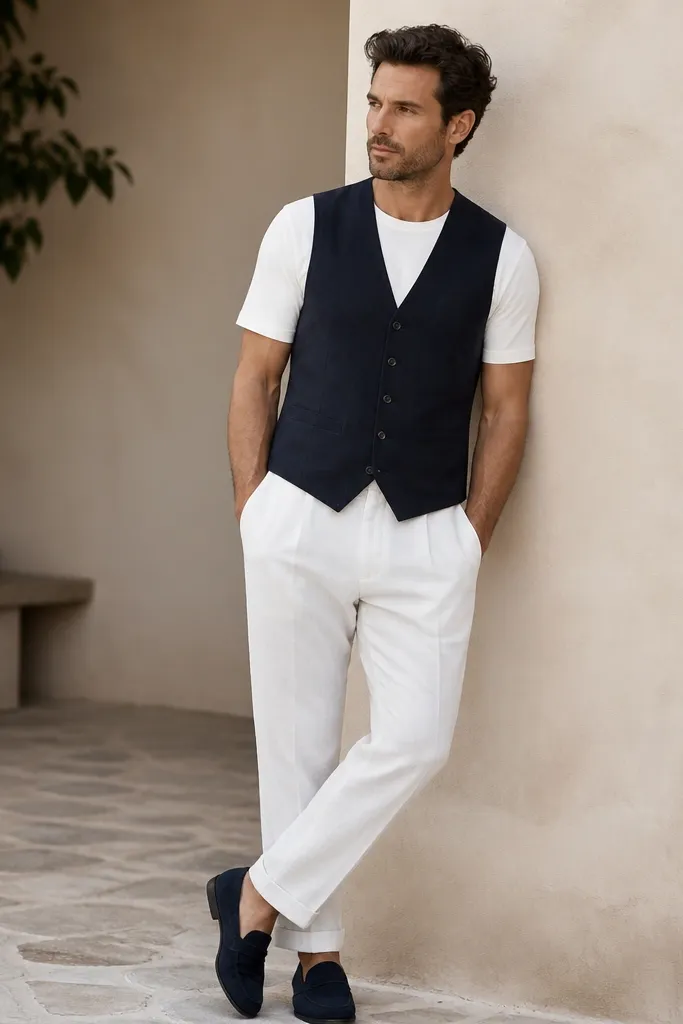 A navy vest is worn over a white tee, with white linen pants underneath. The vest has a subtle texture and small buttons. The shirt sleeves are visible under the vest, and the shoes are navy suede loafers.