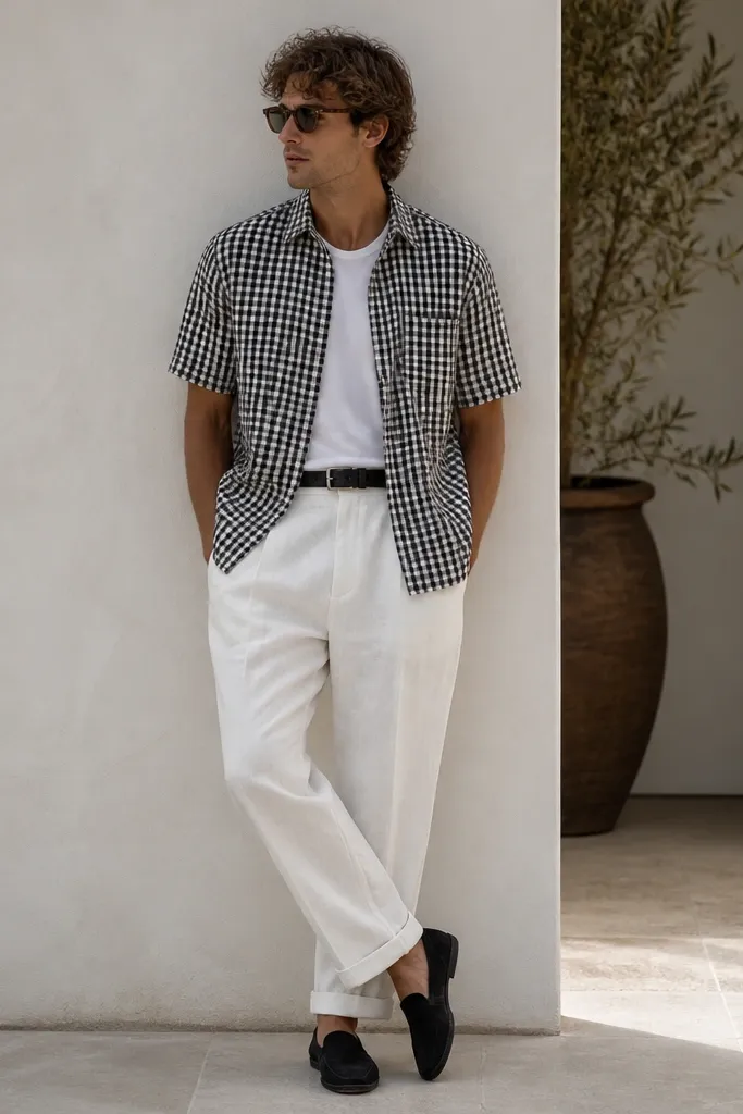 A black-and-white checked short-sleeve shirt is worn slightly open over a white tee. White linen pants sit with a relaxed fit. Black slip-on shoes are on the feet, and a black leather belt is visible.