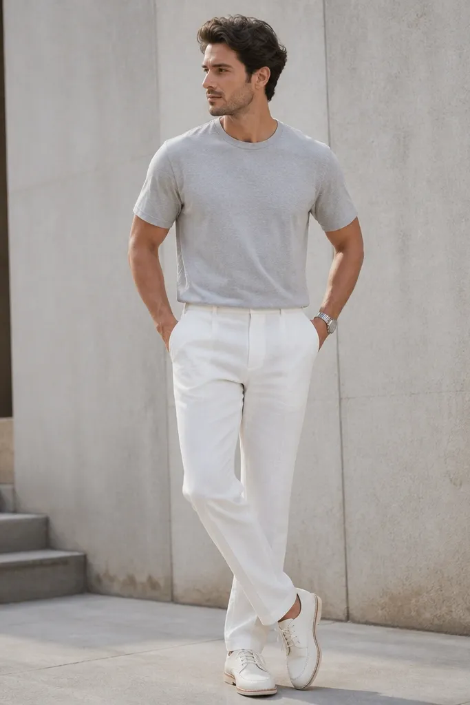 A light gray crew-neck t-shirt is worn with white linen pants. The hem is tucked slightly and the shoes are white leather derbies with visible stitching. The outfit feels clean and modern, with a silver watch and no visible belt buckle.