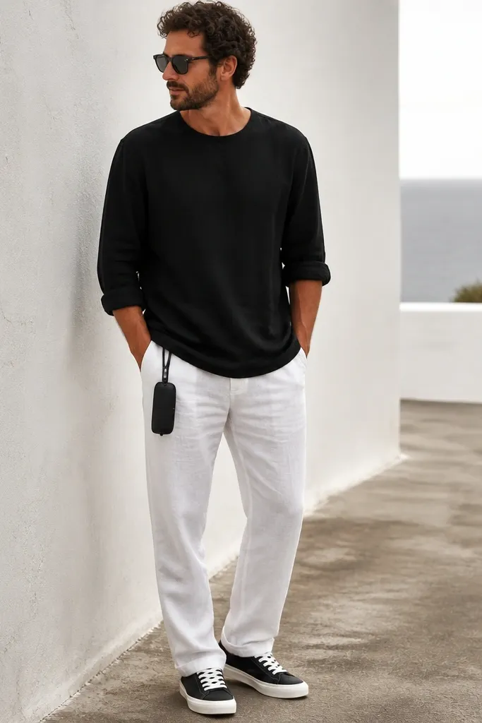 A black long-sleeve linen tee is worn with white linen pants. The sleeves are rolled to the forearm. The shoes are black-and-white minimal sneakers, and a black sunglasses case hangs from the back pocket area.