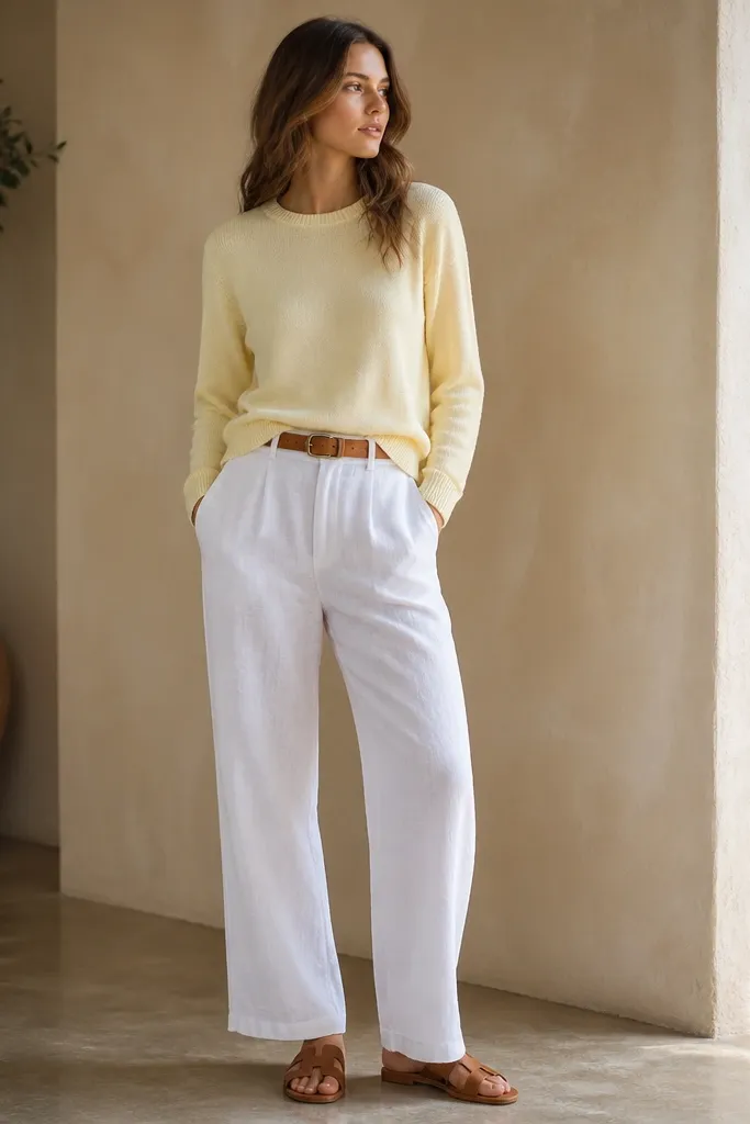 A pale yellow crewneck sweater is worn over white linen pants. The sweater is thin and slightly loose at the waist. Tan leather sandals are on the feet, and the belt is light brown.