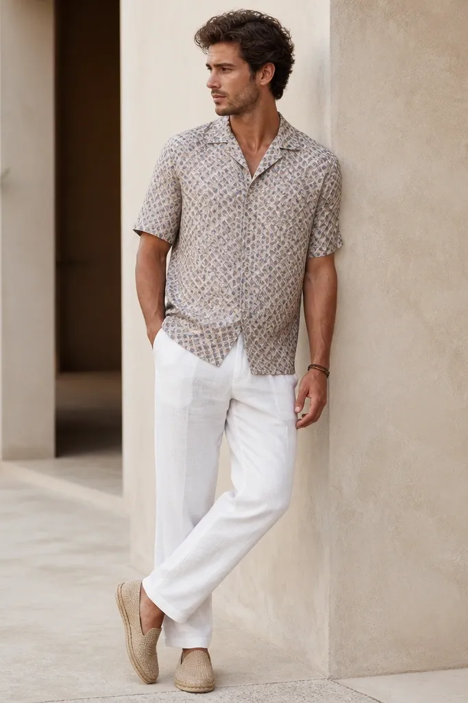 A small-print patterned camp shirt is worn untucked over white linen pants. The shoes are espadrille-style loafers with rope texture. The shirt has short sleeves and a relaxed collar, and there's a braided bracelet on the wrist.