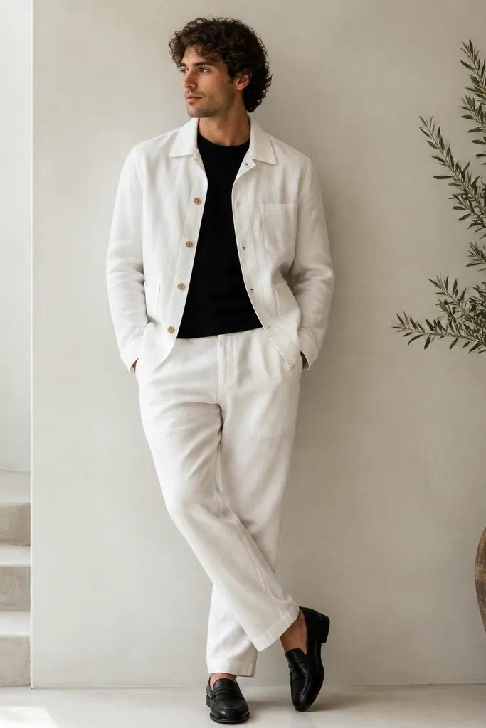 A black t-shirt is worn under a white linen jacket. The jacket is slightly structured with a clean collar and visible buttons. White linen pants match the jacket, and black leather loafers anchor the look.