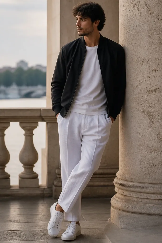 A lightweight black bomber jacket is worn open over a white tee with white linen pants. The bomber has ribbed cuffs and a clean zipper. White sneakers are paired, and the overall look feels smart-casual for evening.