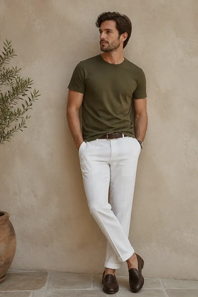 An olive crew-neck t-shirt is worn with white linen pants. The t-shirt is untucked and sits clean at the waist. Dark brown leather loafers are worn, and a dark brown belt matches the shoes.