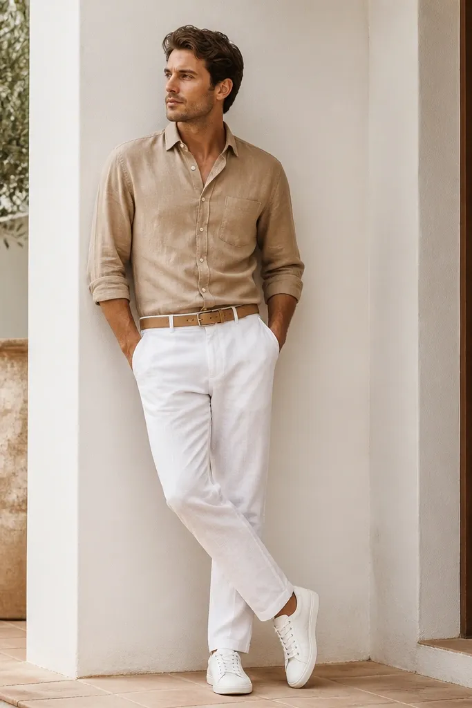 A tan chambray button-down is worn with white linen pants. The shirt is tucked and sleeves are rolled. The shoes are white sneakers with a simple design. A tan belt matches the shirt tone.