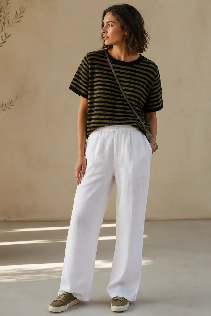 A black-and-olive striped knit tee is worn with white linen pants. The tee is tucked at the front and falls clean at the back. Olive low sneakers and a small crossbody bag strap are visible across the waist.