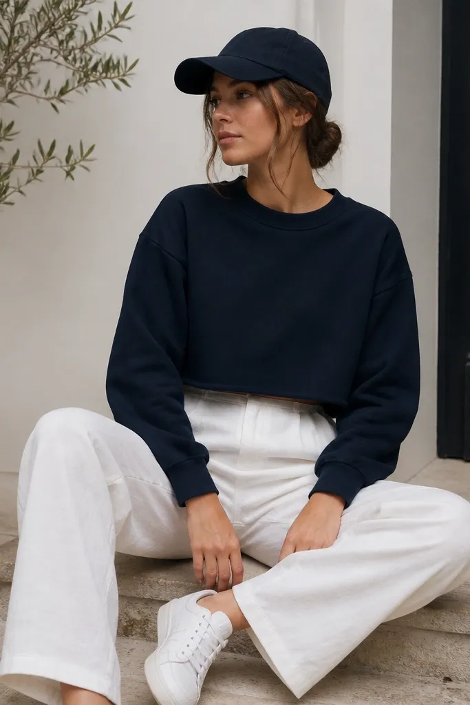 A navy crewneck sweatshirt with a cropped cut is worn with white linen pants. The sweatshirt hem sits above the waistband line. The shoes are white sneakers, and there's a navy baseball cap in the scene.