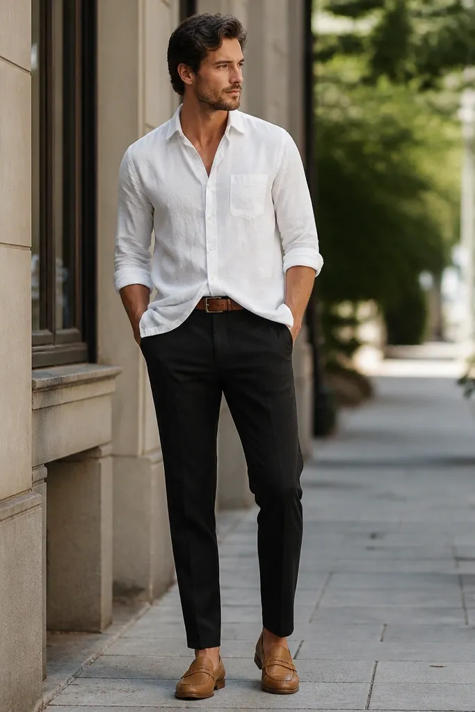 Man wearing black linen tapered pants with a white long-sleeve oxford shirt left untucked and sleeves rolled to mid-forearm; tan leather loafers; a brown belt; standing outdoors on a sidewalk.