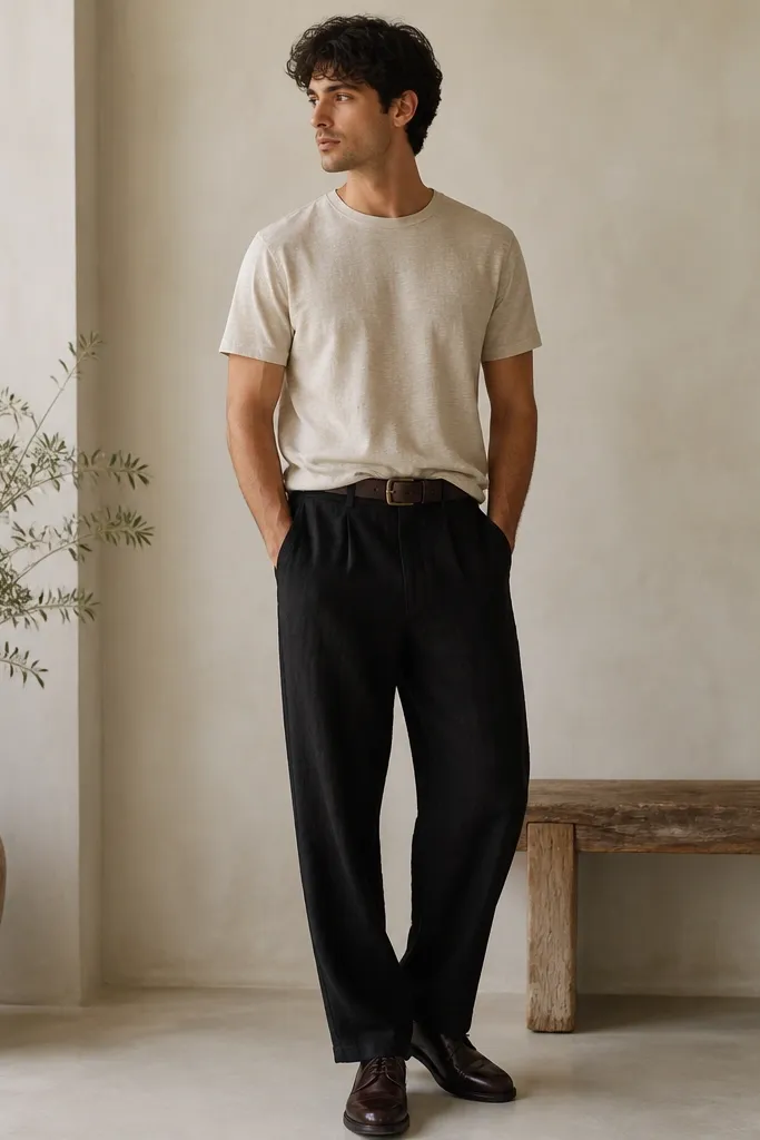 Man wearing ecru slub cotton T-shirt with a slight texture; black linen pants; dark brown derby shoes; belt visible at the waistband; relaxed stance.