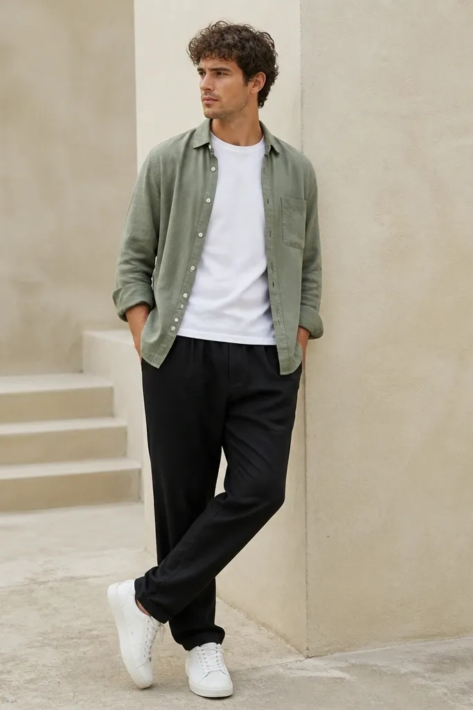 Man wearing a sage green lightweight overshirt over a plain white tee; black linen pants; white leather sneakers; overshirt unbuttoned.