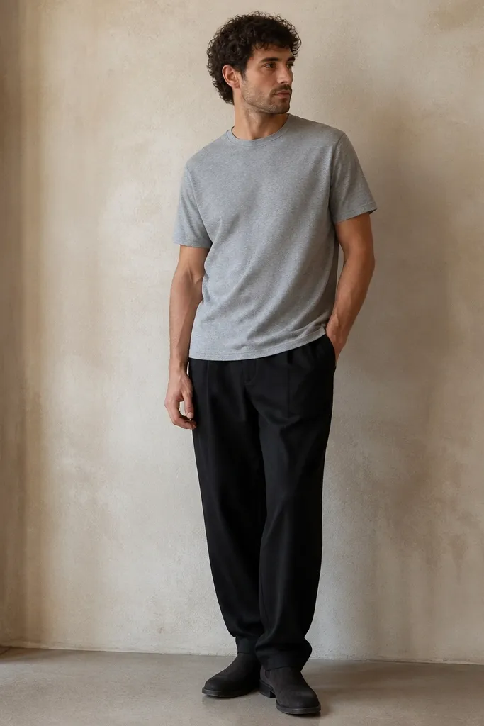 Man wearing heather gray crewneck tee; black linen pants; black suede Chelsea boots; boots sit against the hem with slight break.