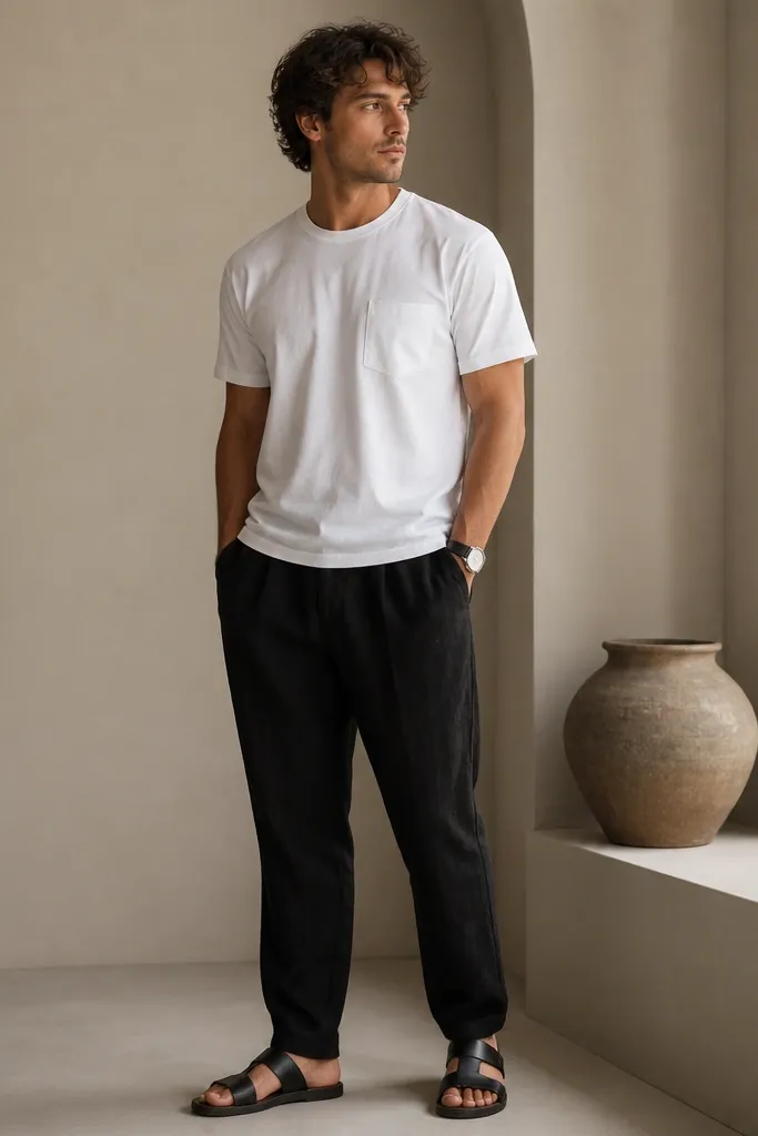 Man wearing a white pocket tee (small chest pocket); black linen pants; black leather sandals; watch on wrist.