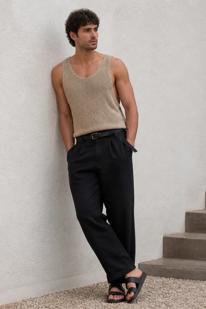 Man wearing a tan knit tank top; black linen pants; black canvas belt visible; minimalist sandals or dark sneakers.