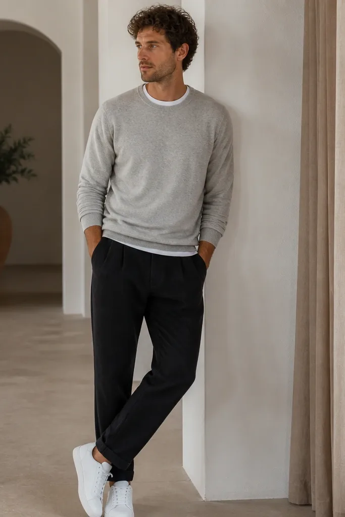 Man wearing a thin light gray crewneck sweater over a white tee; black linen pants; white sneakers; sweater sleeves slightly pushed up.