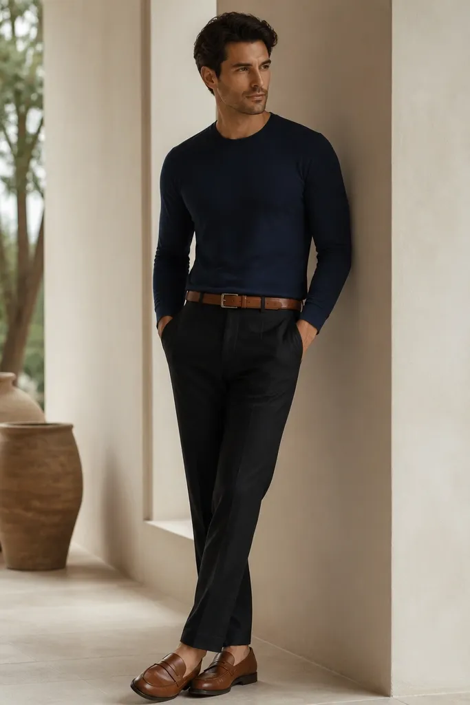 Man wearing a navy long-sleeve fitted tee; black linen pants; cognac leather loafers; belt in matching brown tone.