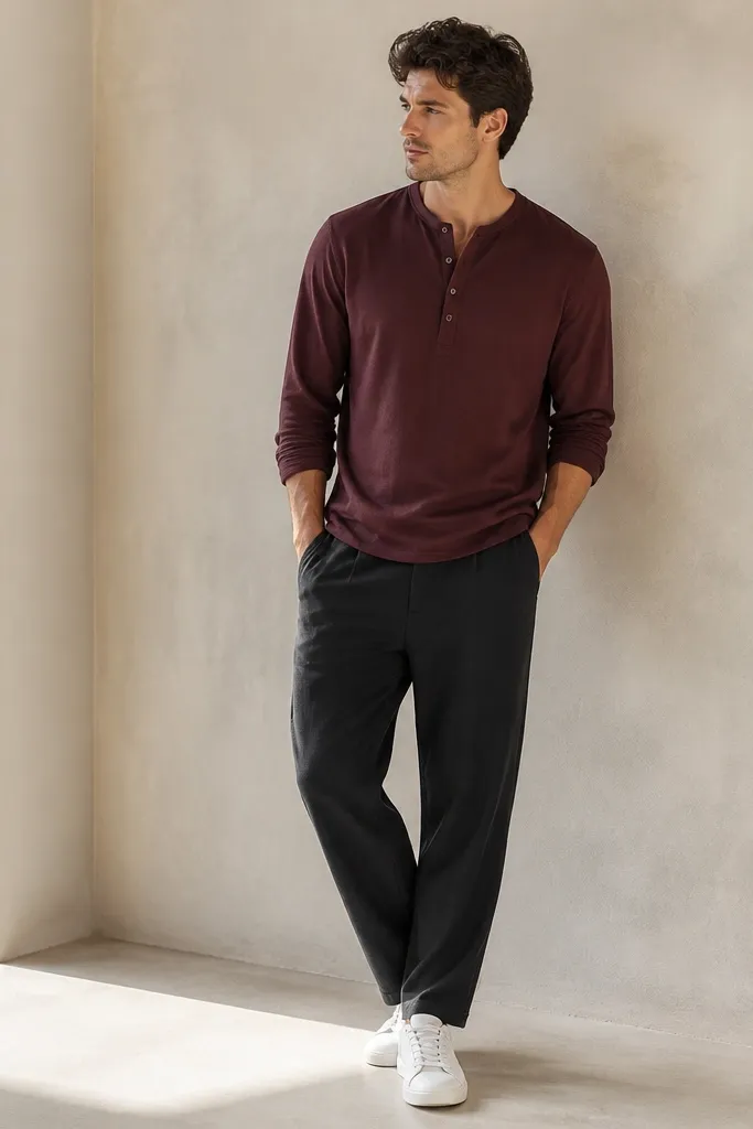 Man wearing a burgundy henley with 3-4 buttons; black linen pants; white low-top sneakers; sleeves rolled slightly.