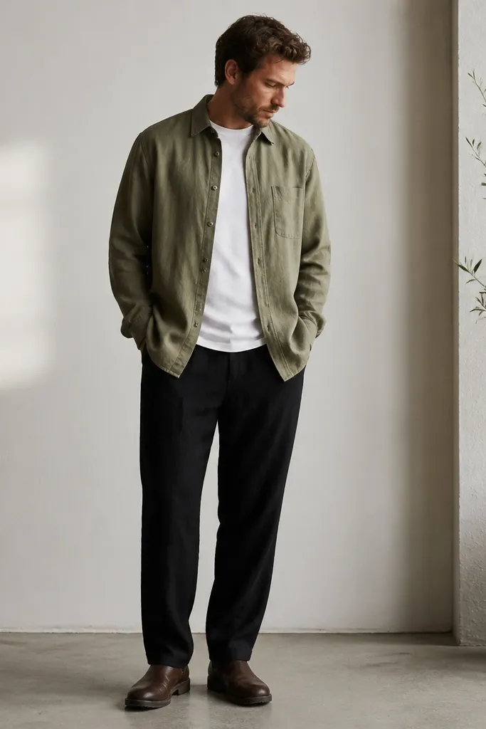 Man wearing an olive lightweight overshirt over a white tee; black linen pants; dark brown leather boots; overshirt hem covers belt line slightly.