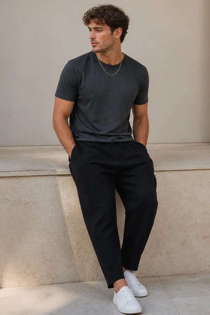 Man wearing charcoal crew tee; black linen pants; thin silver chain necklace; white sneakers; no jacket.