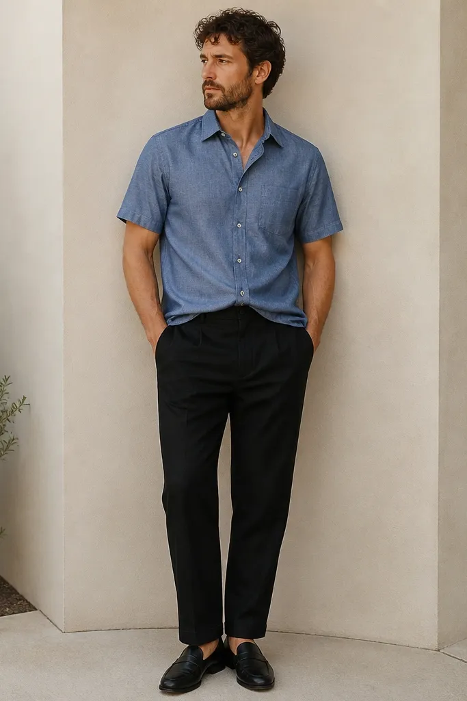 Man wearing mid-blue chambray short-sleeve button-down; black linen pants; black leather loafers; shirt is lightly tucked in at front.
