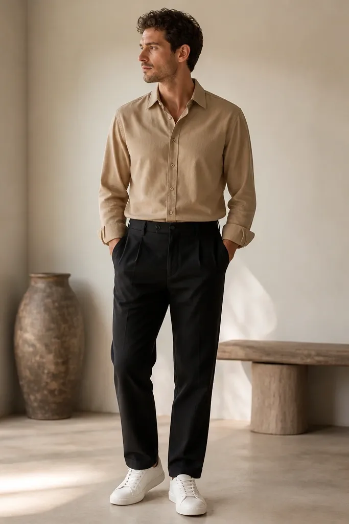 Man wearing a tan button-down with a smooth drape; black linen pants; minimal white sneakers; shirt is fully tucked.