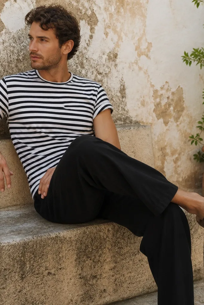 Man wearing a black and white striped crew tee; black linen pants; brown leather sandals; rolled sleeves; relaxed outdoor setting.