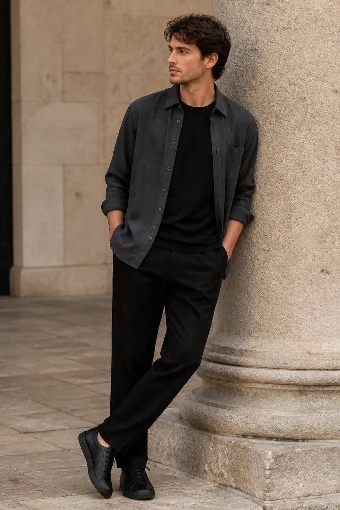 Man wearing a charcoal lightweight overshirt over a black tee; black linen pants; black leather sneakers; overshirt unbuttoned.