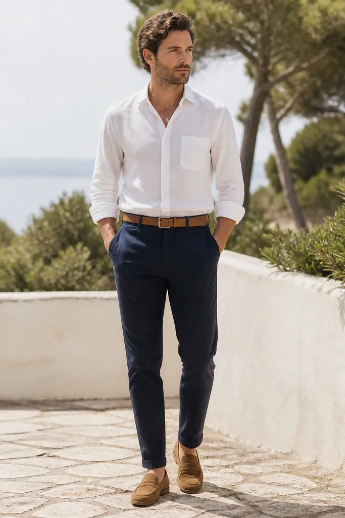 A man wearing ink navy linen trousers with a slightly tapered leg, a crisp white oxford button-down tucked in, a tan leather belt, and tan suede loafers. The outfit is shown standing outdoors in bright daylight; the pants wrinkle naturally at the knees.