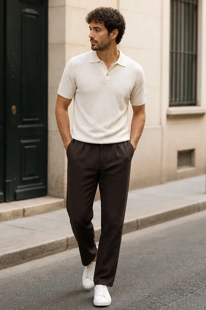 Brown-leaning navy linen pants with a relaxed straight leg, paired with an ecru knit polo that sits slightly loose at the chest and white low-top sneakers. The scene shows a casual street setting with natural light.