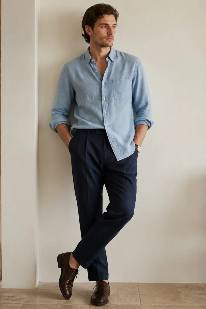 Navy linen pants paired with a light chambray button-up shirt, sleeves rolled to the forearm, and dark brown leather derby shoes. The outfit is photographed indoors with soft shadows.