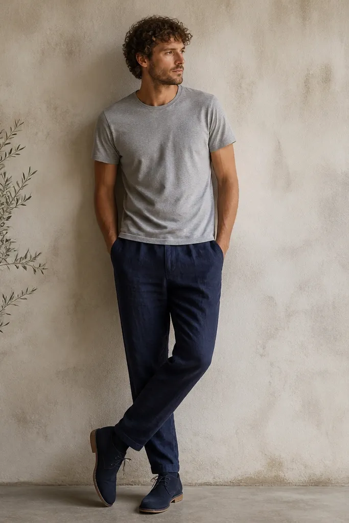 Navy linen trousers with a tapered hem, a soft grey crewneck tee, and navy suede desert boots. The image shows natural wrinkles in the linen and a relaxed, casual stance.