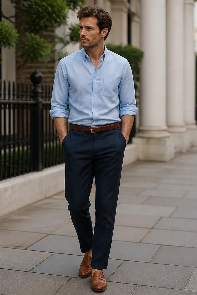 Navy linen trousers with a neat cuff break, a light blue oxford shirt tucked in, and cognac leather loafers with a medium brown belt. The scene is a city street photo.