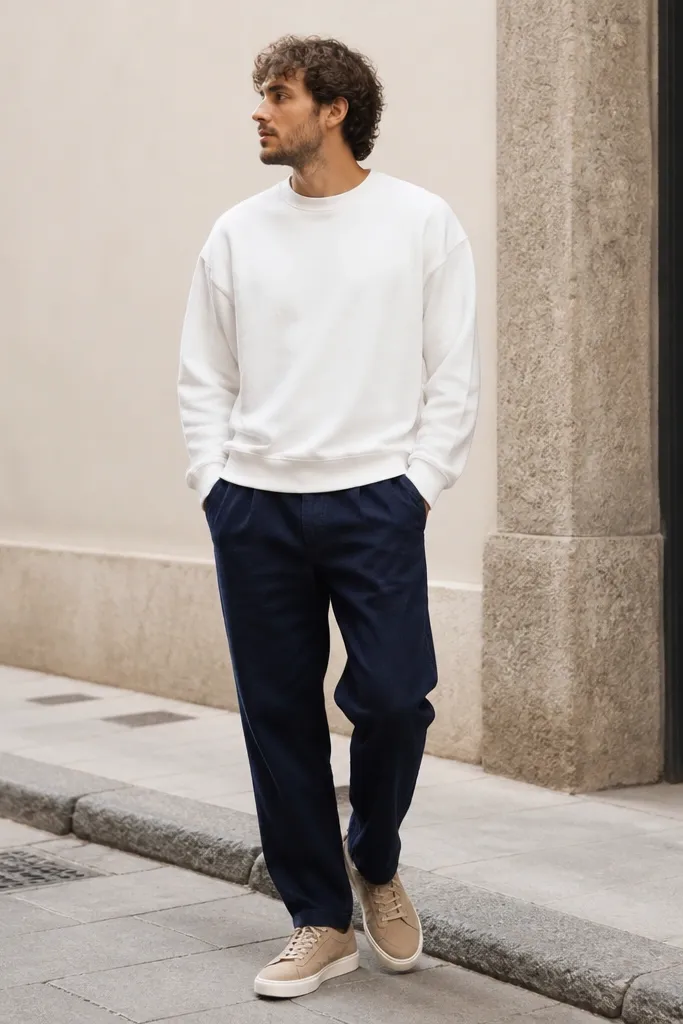 Navy linen pants paired with a slightly oversized white crewneck sweatshirt and tan canvas sneakers. The outfit is photographed with a relaxed street posture.