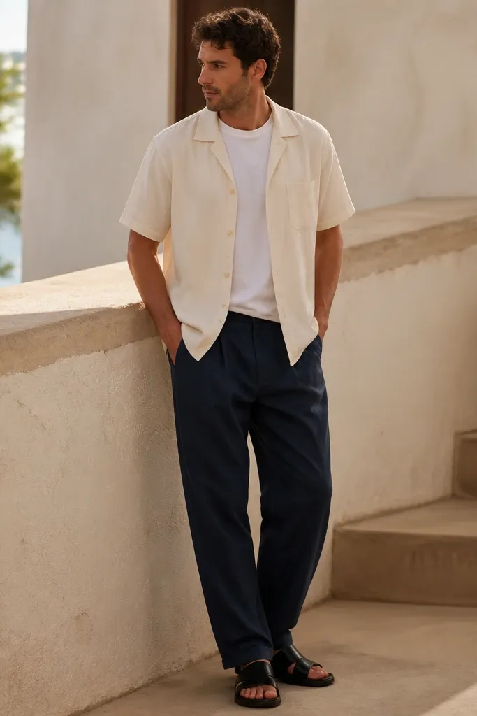 Navy linen pants with a relaxed straight leg, an ecru camp collar button-down worn open over a white tee, and black leather sandals. The photo shows a warm outdoor setting.