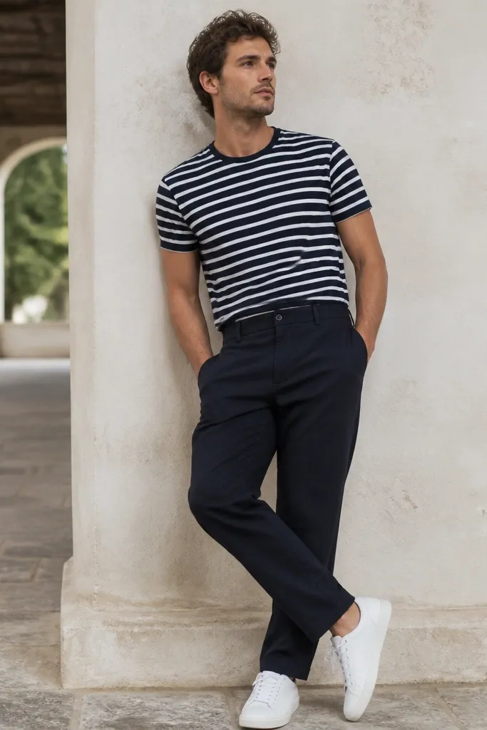 Navy linen trousers paired with a navy-and-white striped crewneck tee and white low-profile trainers. The image shows crisp contrast stripes against the textured linen.