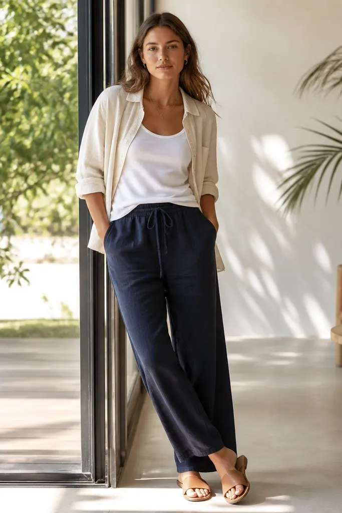 Navy linen pants with a relaxed fit, a white tank top tucked at the front, an ecru overshirt worn half-open, and tan leather slides. The photo is styled in a bright summer indoor/outdoor mix.