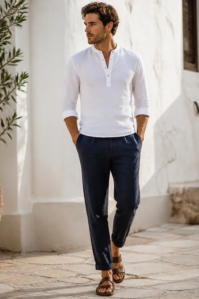 Navy linen pants with a tapered ankle, a white henley with three buttons, and cognac leather sandals. The photo shows a casual warm-weather vibe.