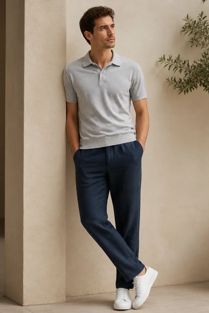 Navy linen pants paired with a light grey polo with a clean collar and a short placket, plus white leather sneakers with a derby-like toe shape. The image shows a tidy, semi-casual look.