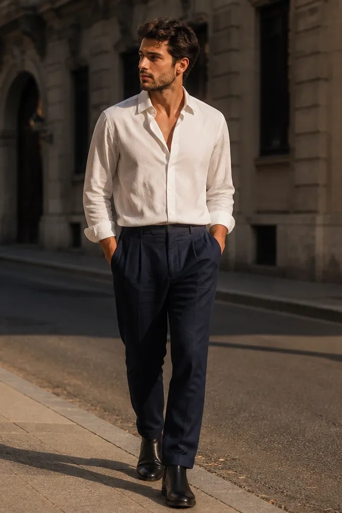 Navy linen pants paired with a white Tencel button-up shirt worn slightly open at the top, and black Chelsea boots. The photo shows a late afternoon street scene.