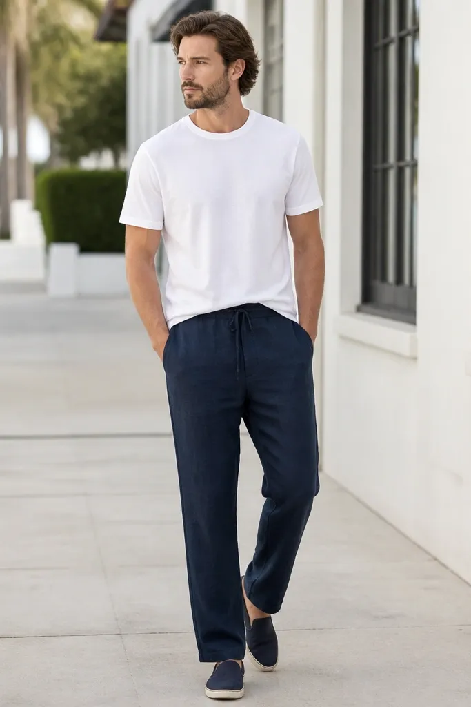 Navy linen pants with a relaxed straight leg, a plain white crew t-shirt tucked at the front, and navy canvas slip-on shoes. The photo shows a bright sidewalk setting.