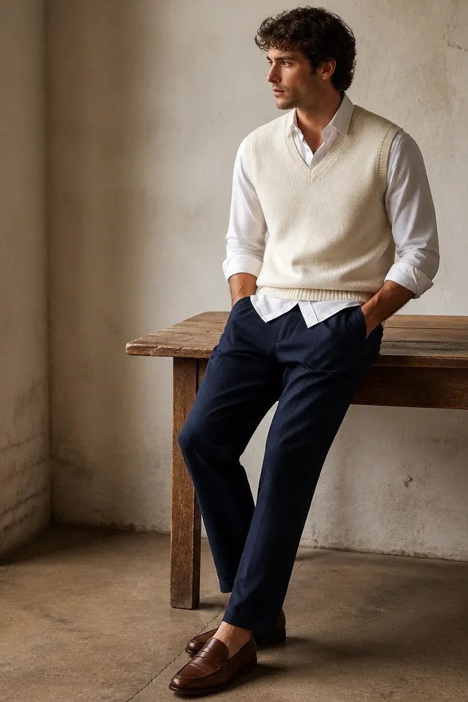 Navy linen pants paired with an ecru sweater vest over a white button-down, plus brown leather loafers. The image shows a layered, slightly dressier casual outfit.