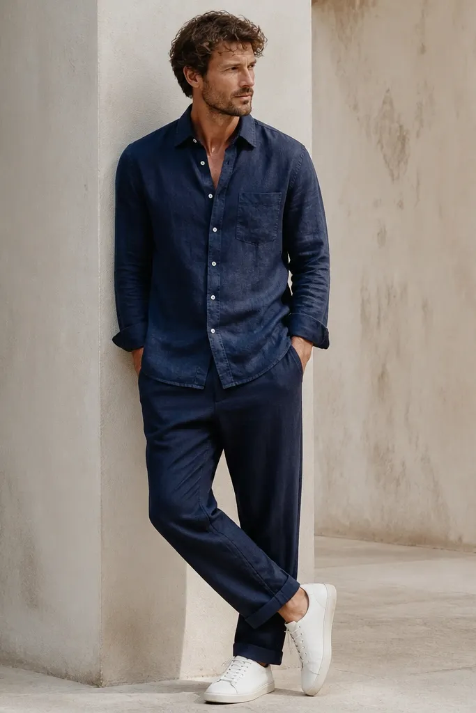 Navy linen pants paired with a navy chambray button-up shirt, worn untucked, and white sneakers. The photo shows tonal dressing with visible fabric texture.