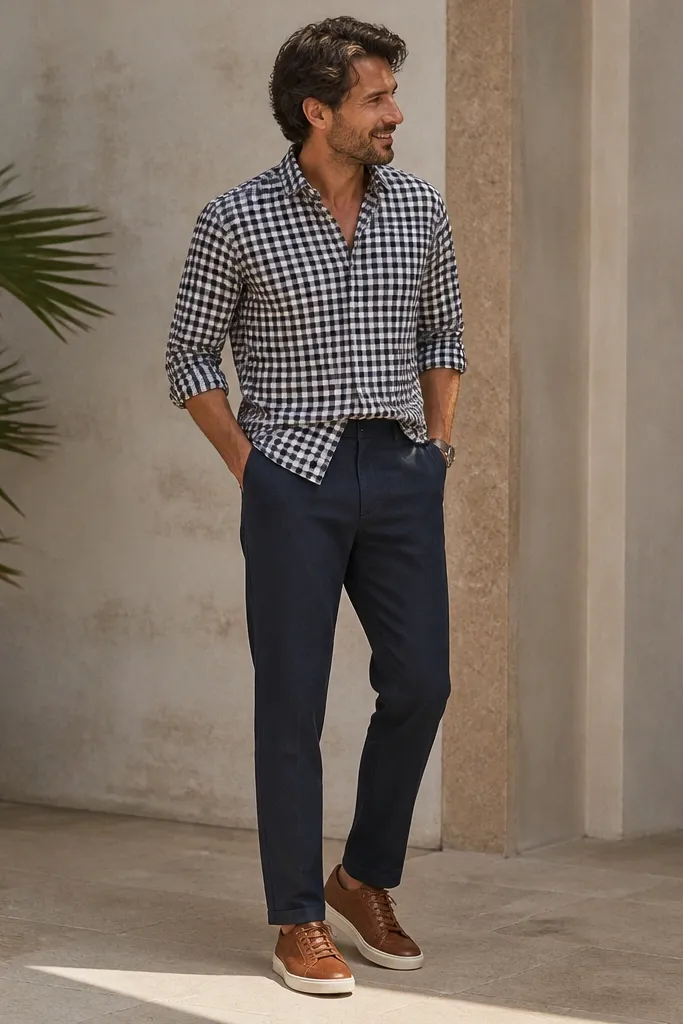 Navy linen pants styled with a black-and-white gingham long-sleeve shirt worn half-tucked and buttoned, paired with brown leather sneakers. The photo shows a casual patterned look.