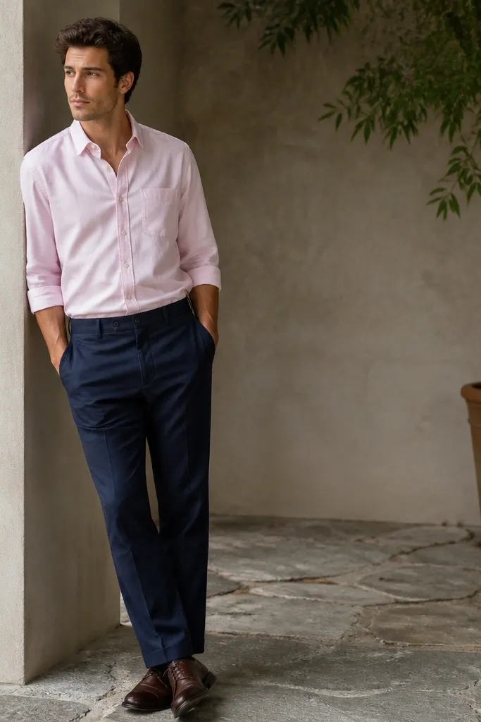 Navy linen pants paired with a pale pink oxford button-down and dark brown lace-up oxford shoes. The outfit is photographed in a shaded outdoor area.