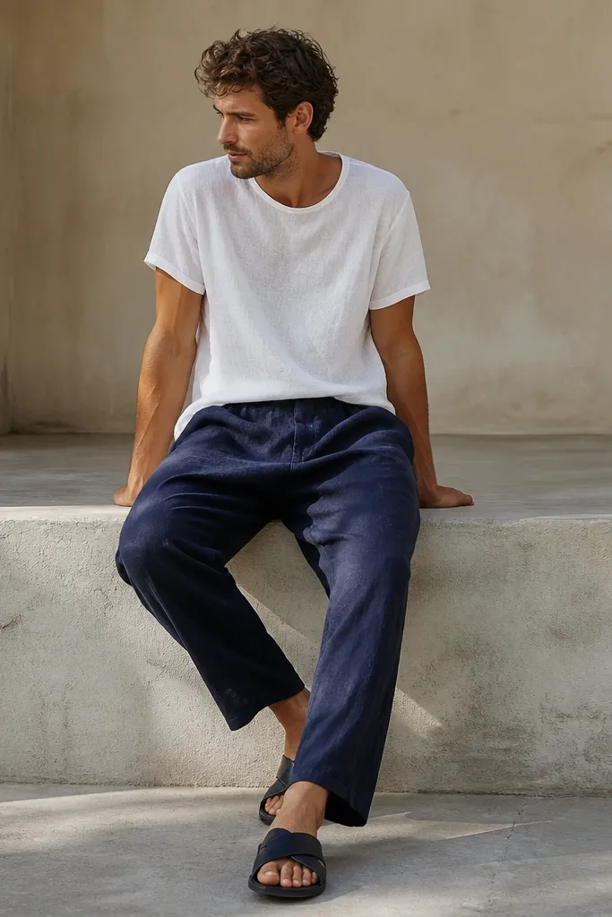 Navy linen pants paired with a white linen tee and navy leather sandals. The photo shows a casual, minimal style with visible linen texture.